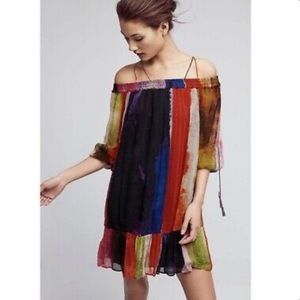 Anthropologie Floreat Watercolor Silk Off the Shoulder Zora Tunic Dress Large